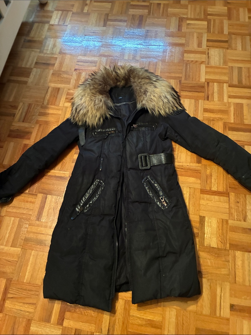 RUDSAK Black Long Trench Coat with Fur-Trim Hood